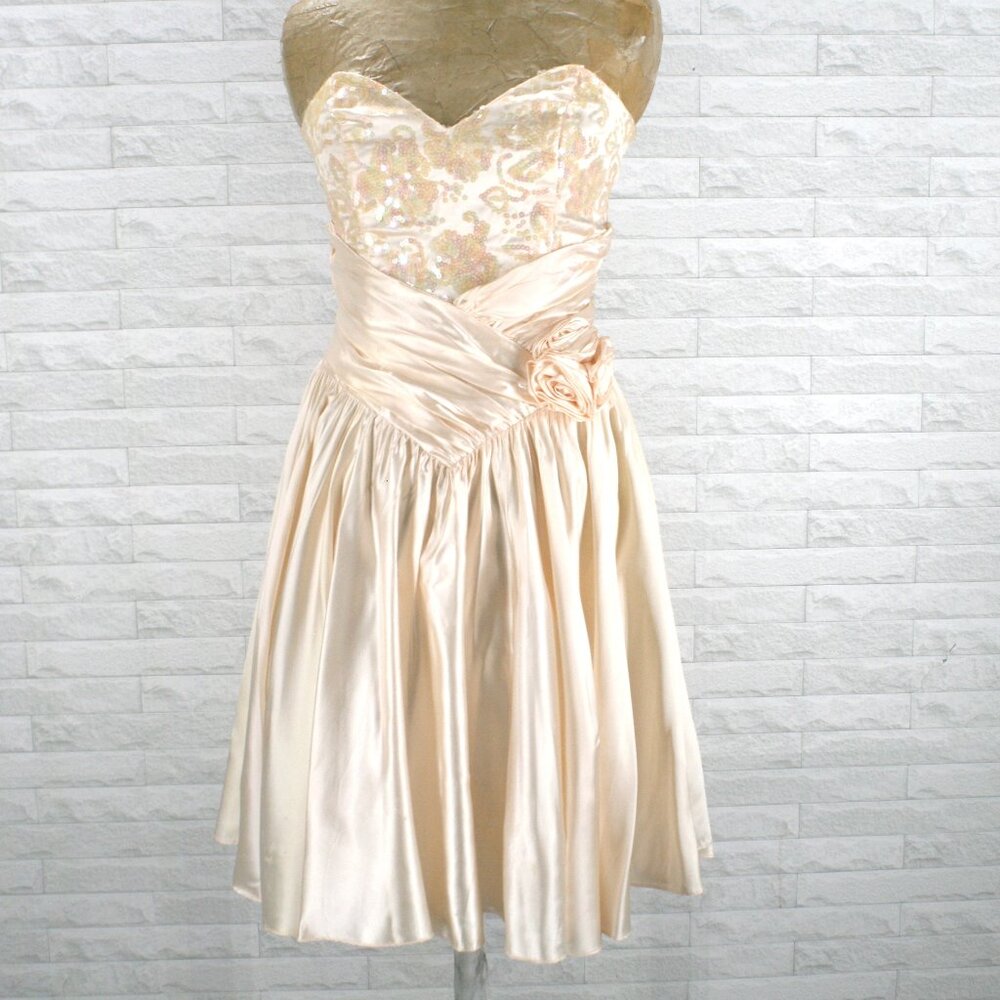 VINTAGE ZUM ZUM Dress Cocktail Prom Homecoming Peach Pastel Floral Sequin SM